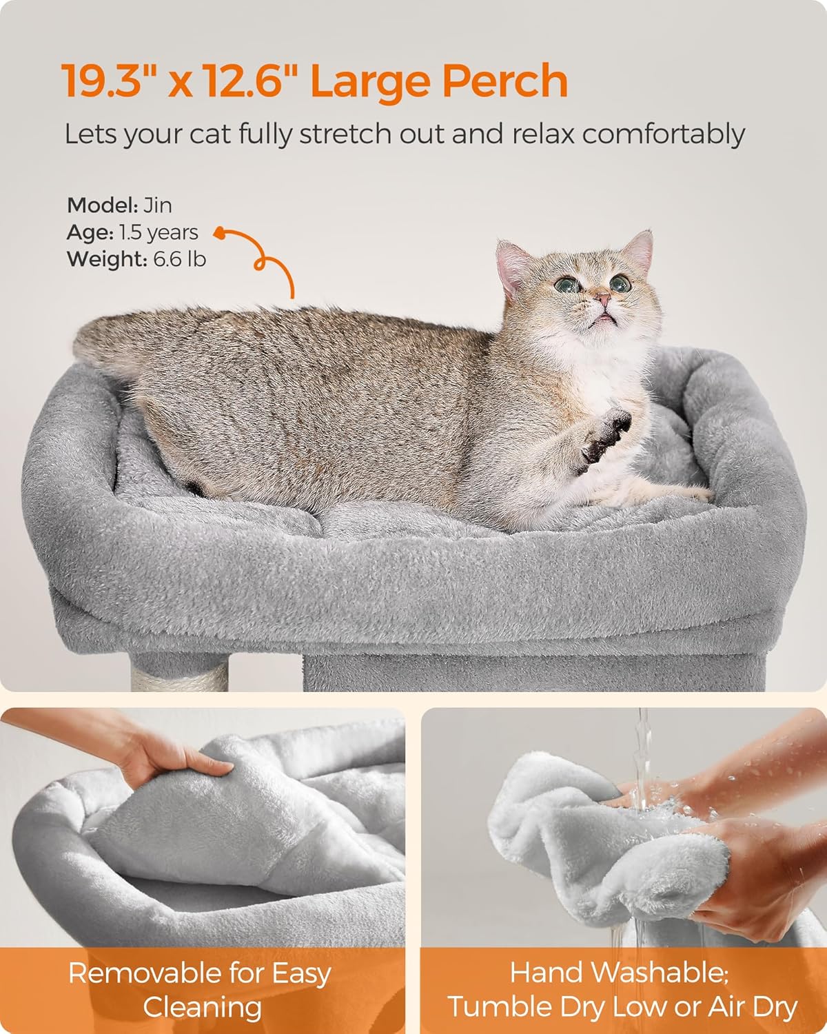 FEANDREA Ansamblu de joaca pentru pisici cu 2 casute, platforma si stalpi sisal, 49x32x74 cm, gri deschis - imagine 7