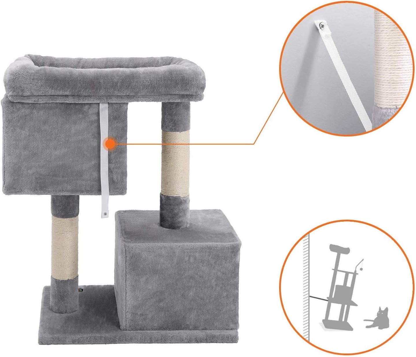 FEANDREA Ansamblu de joaca pentru pisici, plus si sisal, 2 ascunzatori si platforma mare, 60x40x84 cm, gri - imagine 3