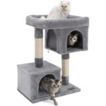 FEANDREA Ansamblu de joaca pentru pisici, plus si sisal, 2 ascunzatori si platforma mare, 60x40x84 cm, gri