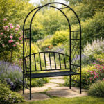 Pergola pentru gradina cu banca, structura otel, design arcuit, 115x45x208 cm, negru