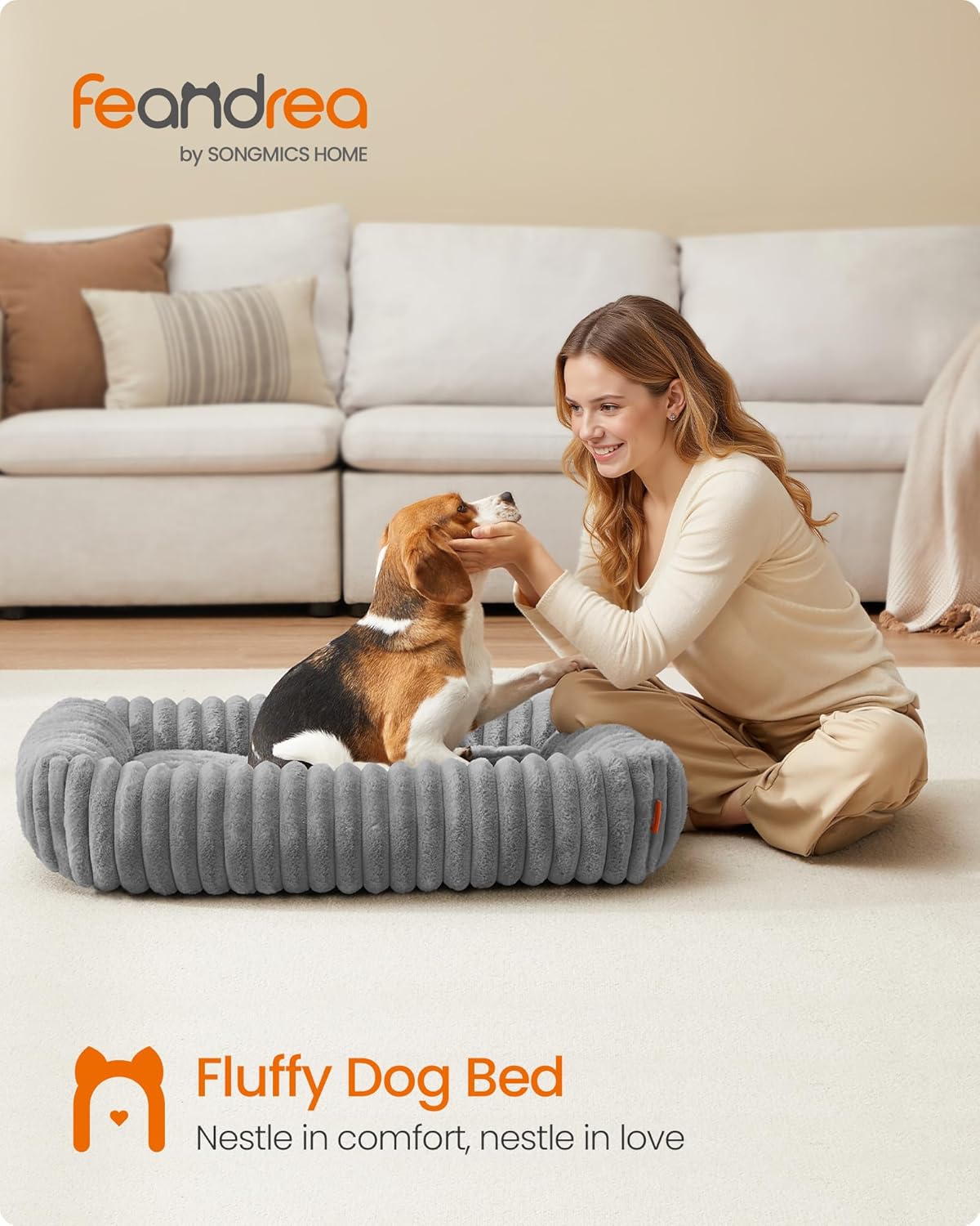 FEANDREA Pat pentru caini din plus, ortopedic, cu margini inaltate, detasabil si lavabil, 91x68x18 cm, gri - imagine 3