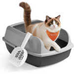 FEANDREA Litiera pisici deschisa, cu margini inalte si lopatica, dimensiune XL, 56x42x24 cm, gri