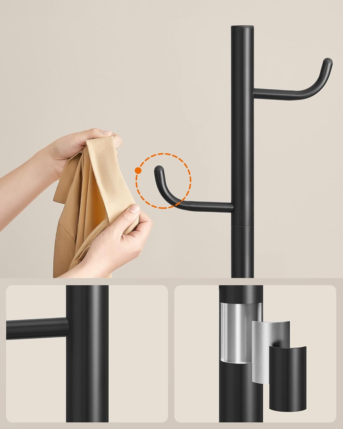 SONGMICS Cuier de podea, cu 8 carlige rezistente, pentru haine, palarii si genti, 175 cm, negru - imagine 2