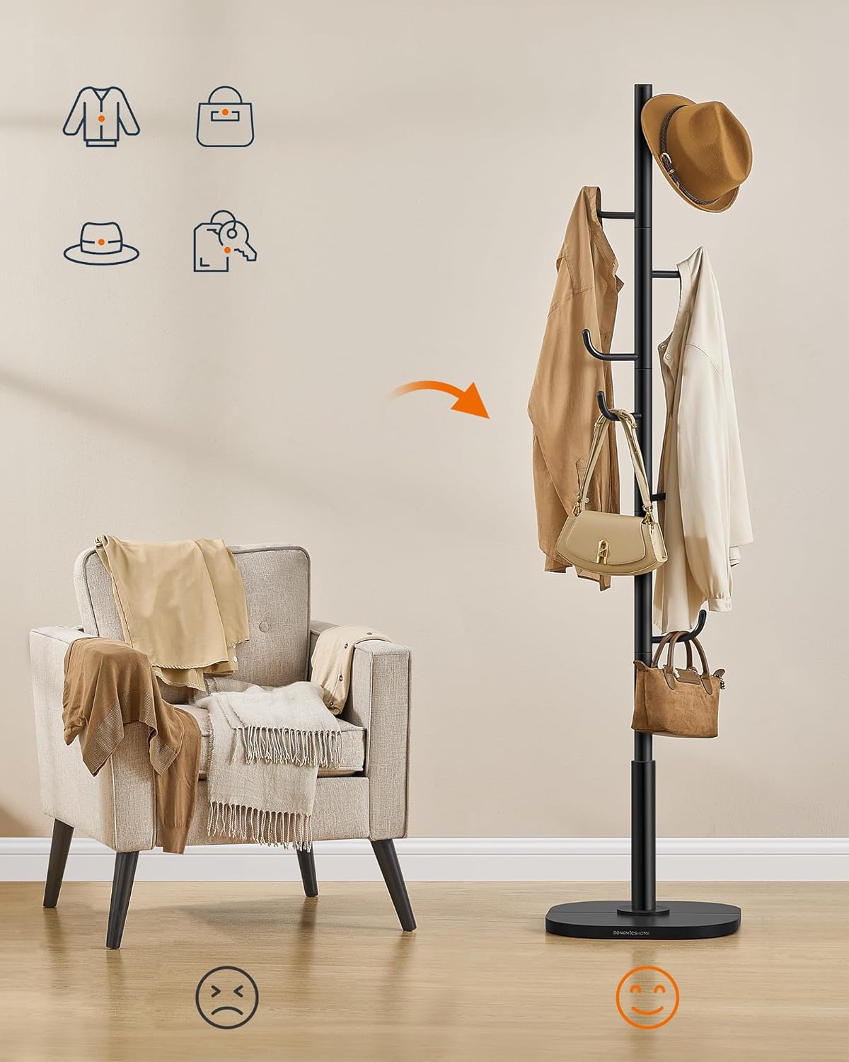 SONGMICS Cuier de podea, cu 8 carlige rezistente, pentru haine, palarii si genti, 175 cm, negru - imagine 5