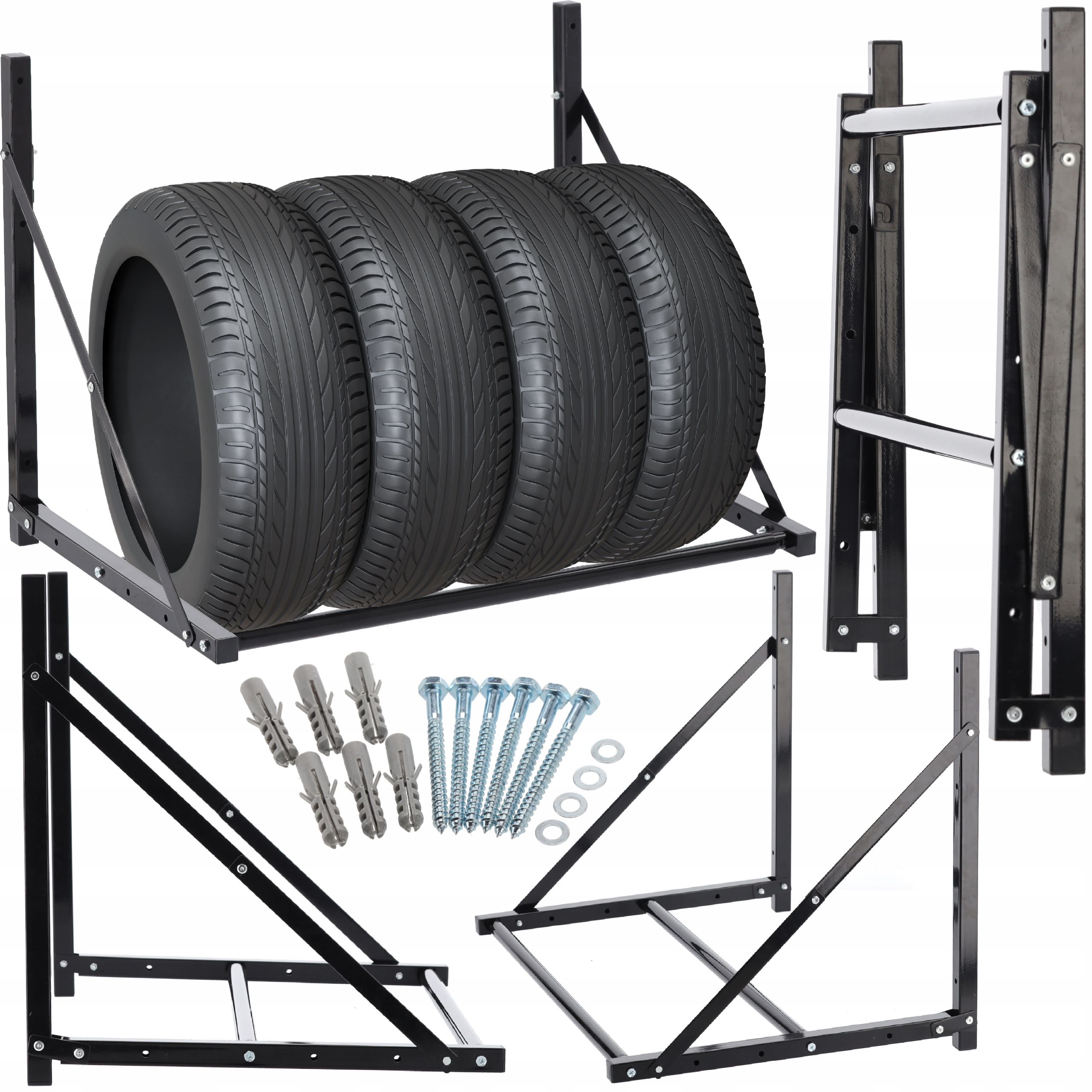 Suport suspendat pentru anvelope reglabil, montaj pe perete cu kit instalare inclus, 120x56x50 cm, negru - imagine 2