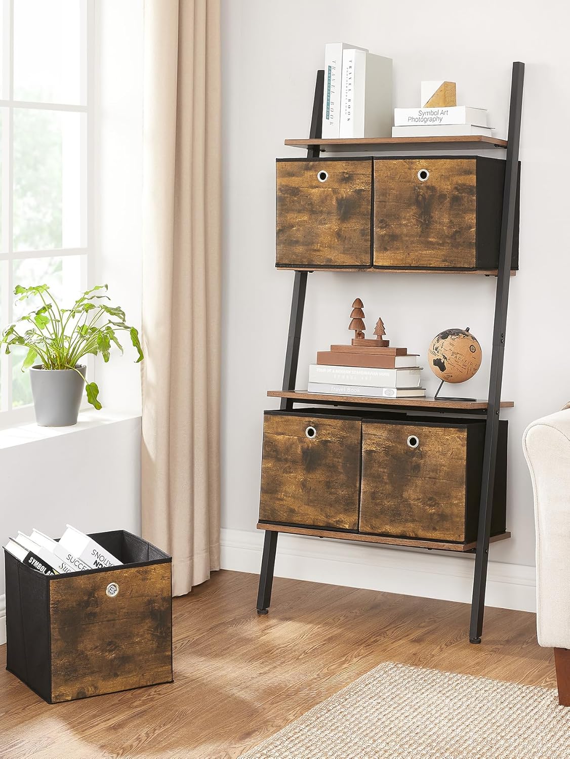 SONGMICS Set 6 cutii de depozitare, pliabile cu maner, material textil si oxford, 30x30x30 cm, maro rustic - imagine 5