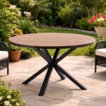 Masa rotunda pentru gradina, cadru aluminiu cu blat polywood aspect lemn, 112x73 cm, maro natur