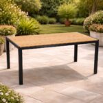 Masa de gradina, cadru otel, blat polywood cu aspect lemn, 150x90x73 cm, negru si maro natur