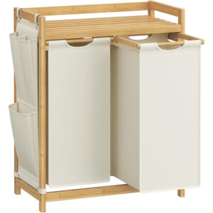 SONGMICS Cos rufe cu 2 compartimente si raft superior din bambus, 2 x 50 litri, saci detasabili, 63x33x98 cm, maro natur