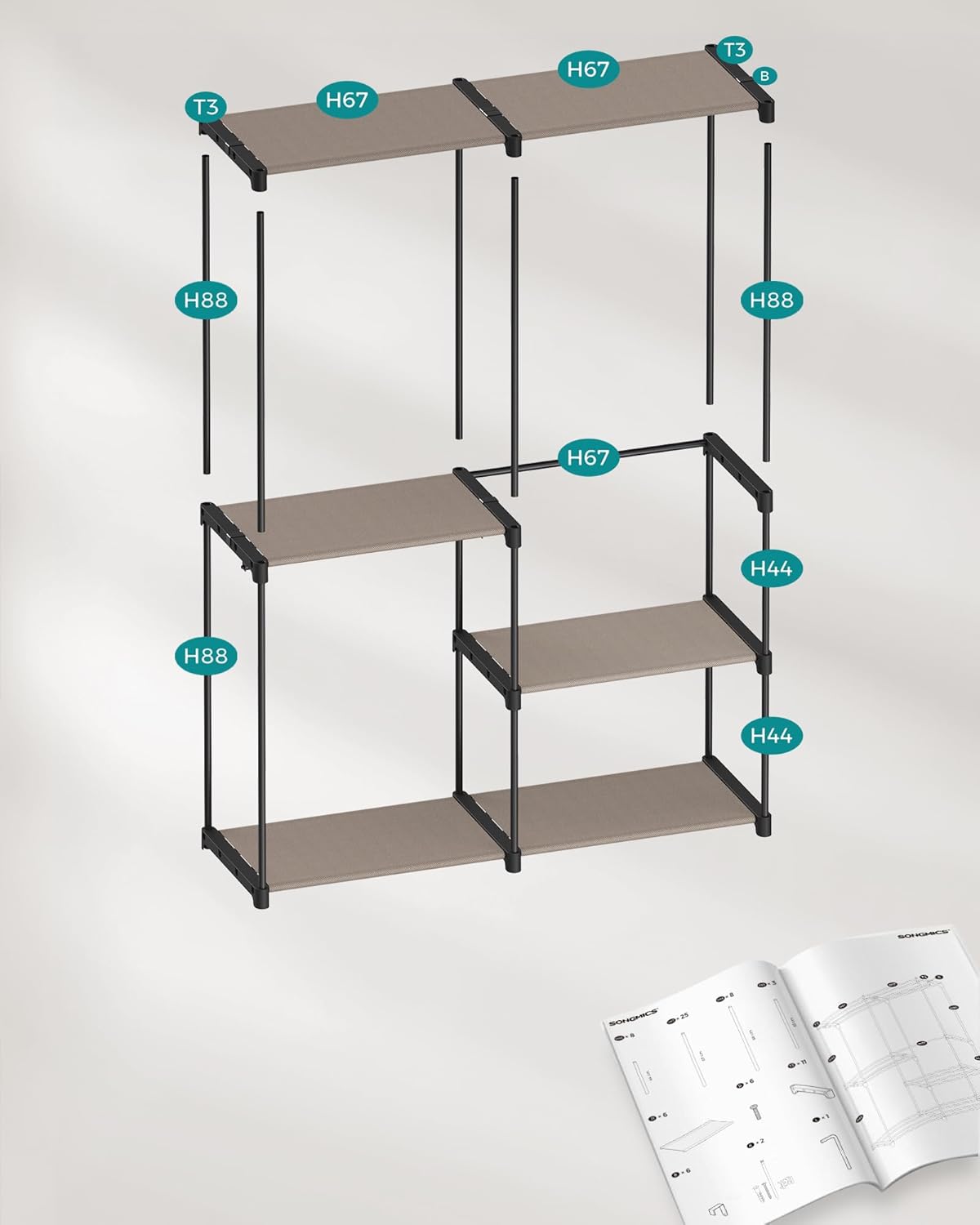 SONGMICS Dulap de haine portabil, cu 3 bare de agatat si rafturi, 138x43x182 cm, maro taupe - imagine 3