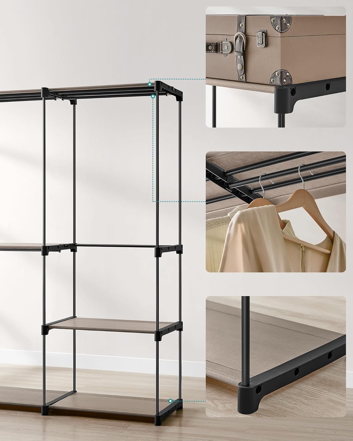 SONGMICS Dulap de haine portabil, cu 3 bare de agatat si rafturi, 138x43x182 cm, maro taupe - imagine 4