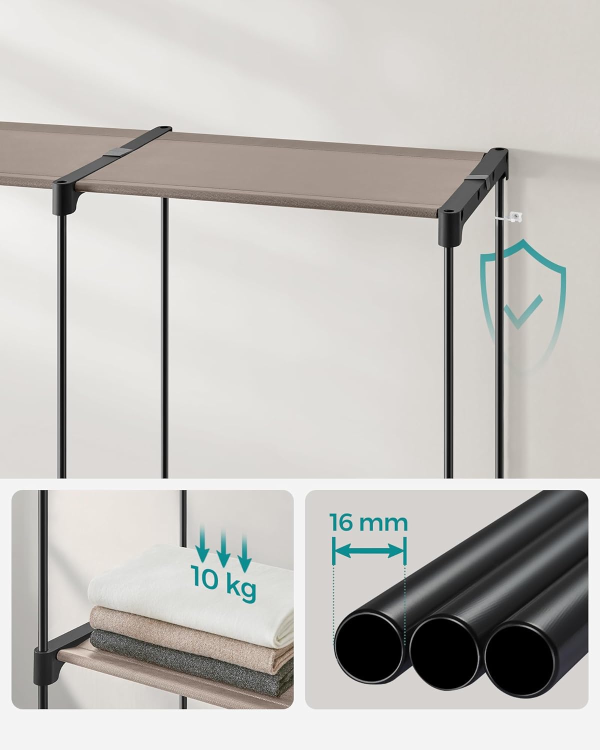 SONGMICS Dulap de haine portabil, cu 3 bare de agatat si rafturi, 138x43x182 cm, maro taupe - imagine 5