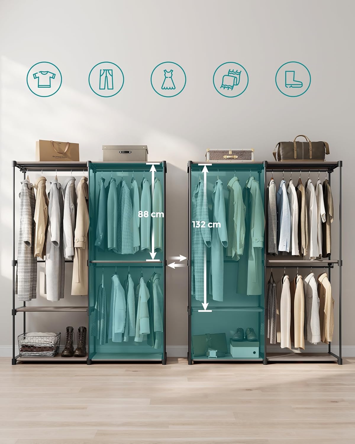 SONGMICS Dulap de haine portabil, cu 3 bare de agatat si rafturi, 138x43x182 cm, maro taupe - imagine 6