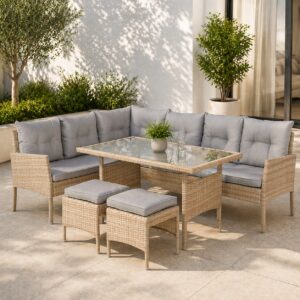 Set mobilier de gradina Berno coltar cu perne, 2 tabureti si masa, cadru otel si ratan sintetic, blat sticla securizata, bej