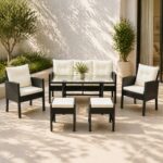 Set mobilier gradina Vaduz 6 piese, canapea 3 locuri, 2 fotolii, 2 tabureti si masa, ratan sintetic, blat sticla, negru si crem