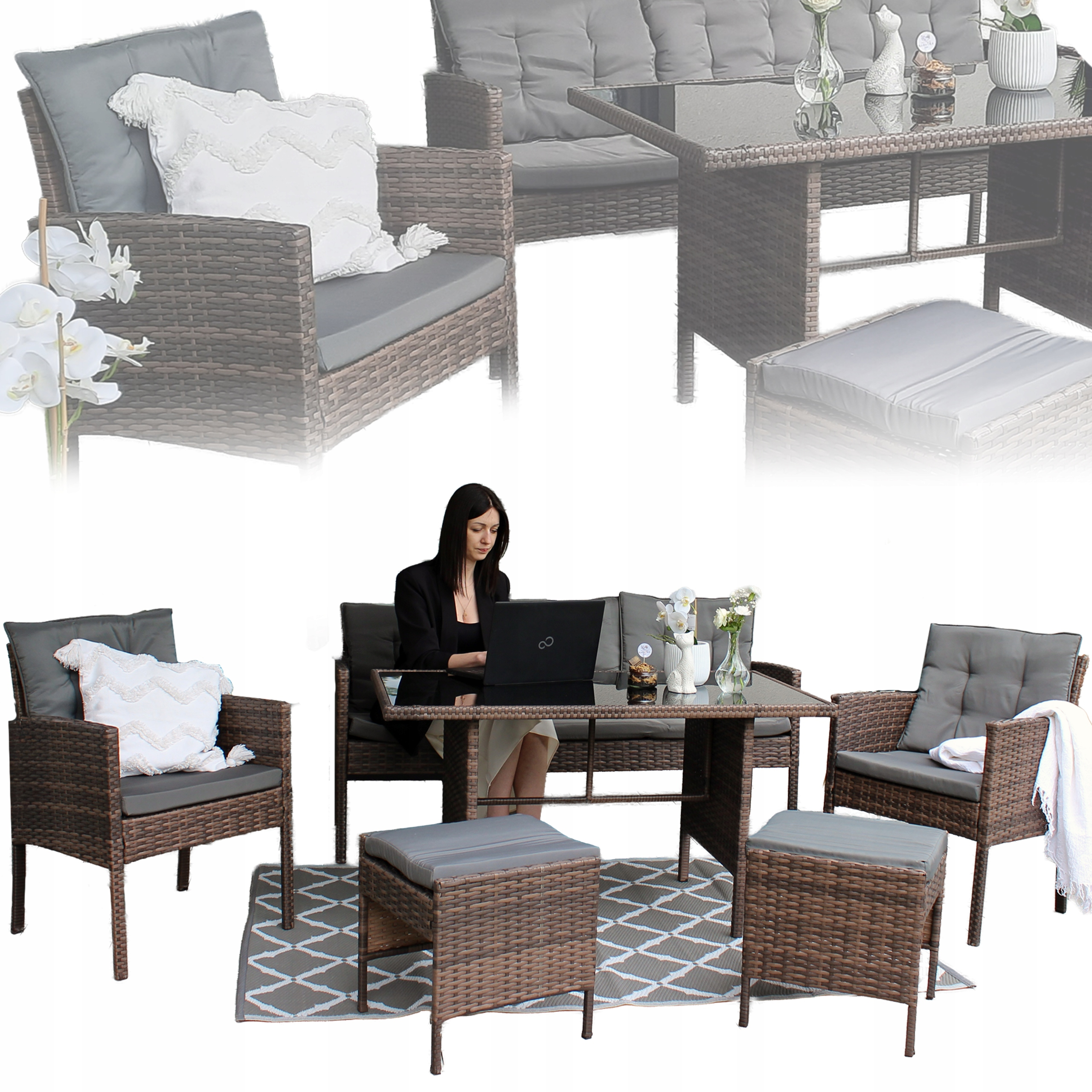 Set mobilier gradina 6 piese, rattan sintetic si otel, canapea 3 locuri, masa sticla, maro si gri - imagine 2