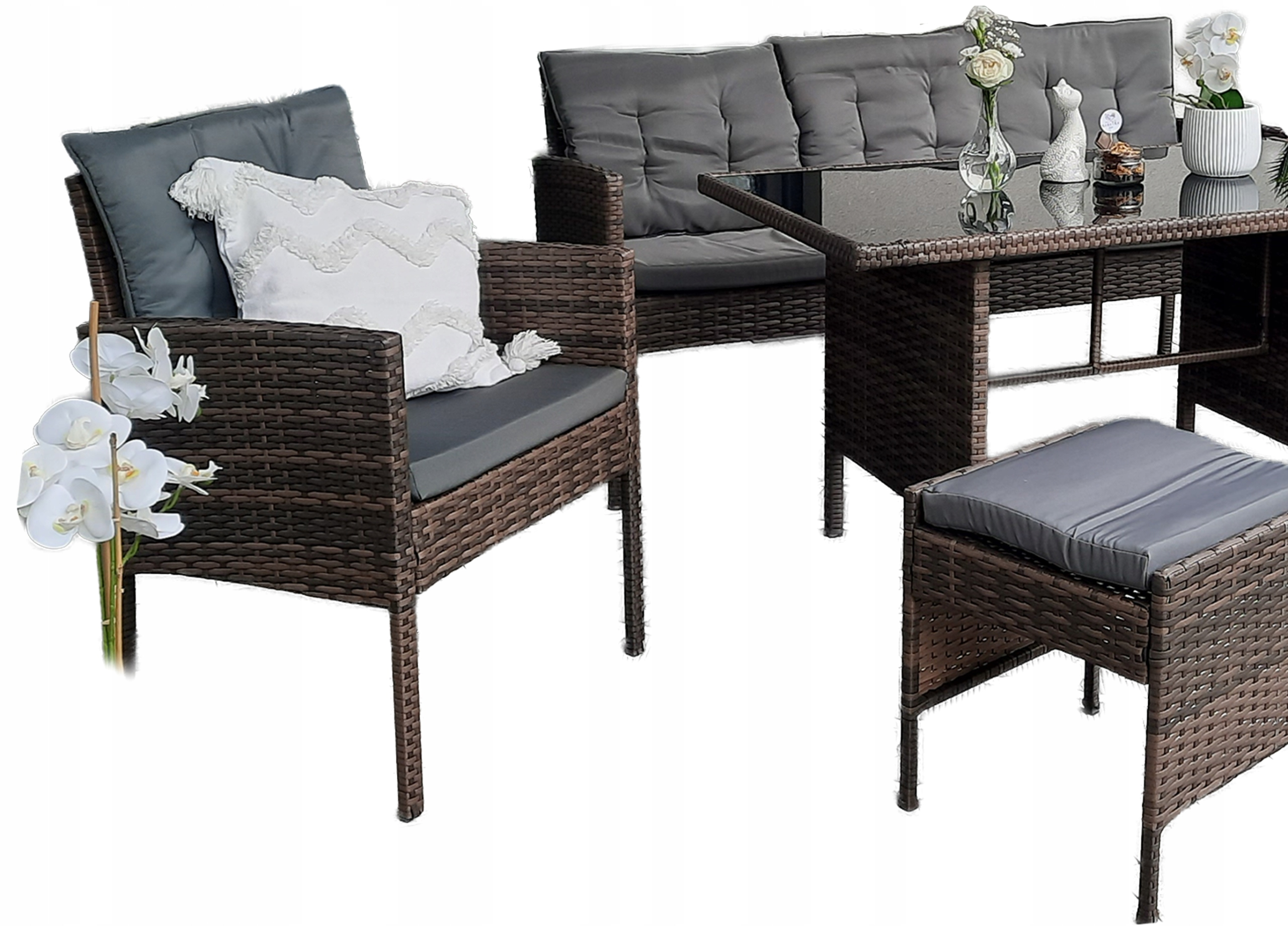 Set mobilier gradina 6 piese, rattan sintetic si otel, canapea 3 locuri, masa sticla, maro si gri - imagine 4