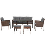 Set mobilier gradina 6 piese, rattan sintetic si otel, canapea 3 locuri, masa sticla, maro si gri