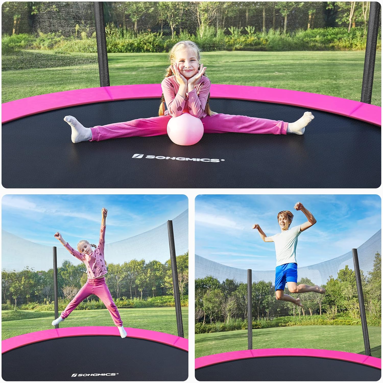 SONGMICS Trambulina pentru copii cu plasa de protectie exterioara, diametru 183 cm, 100 kg, roz - imagine 4