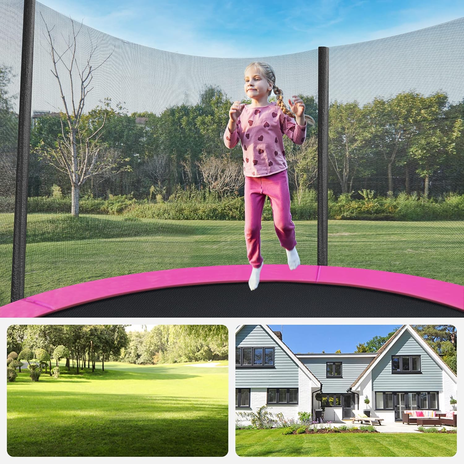 SONGMICS Trambulina pentru copii cu plasa de protectie exterioara, diametru 183 cm, 100 kg, roz - imagine 5