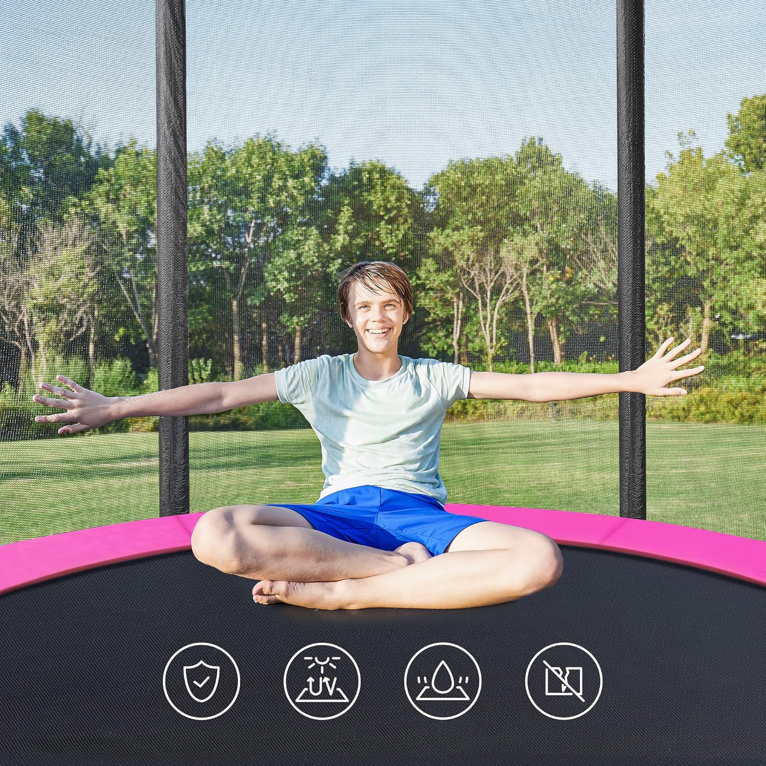 SONGMICS Trambulina pentru copii cu plasa de protectie exterioara, diametru 183 cm, 100 kg, roz - imagine 9