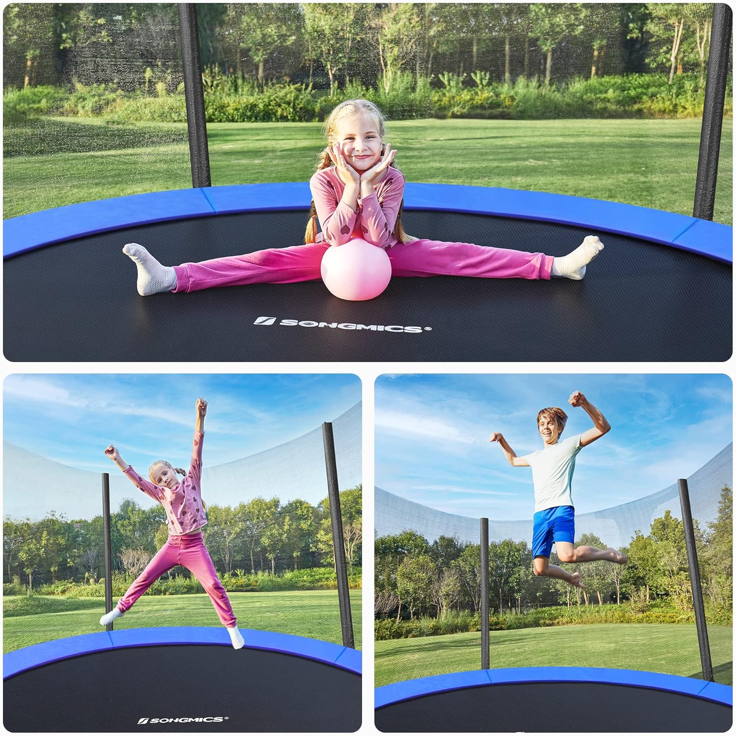 SONGMICS Trambulina pentru copii cu plasa de protectie exterioara, diametru 183 cm, 100 kg, albastru - imagine 6
