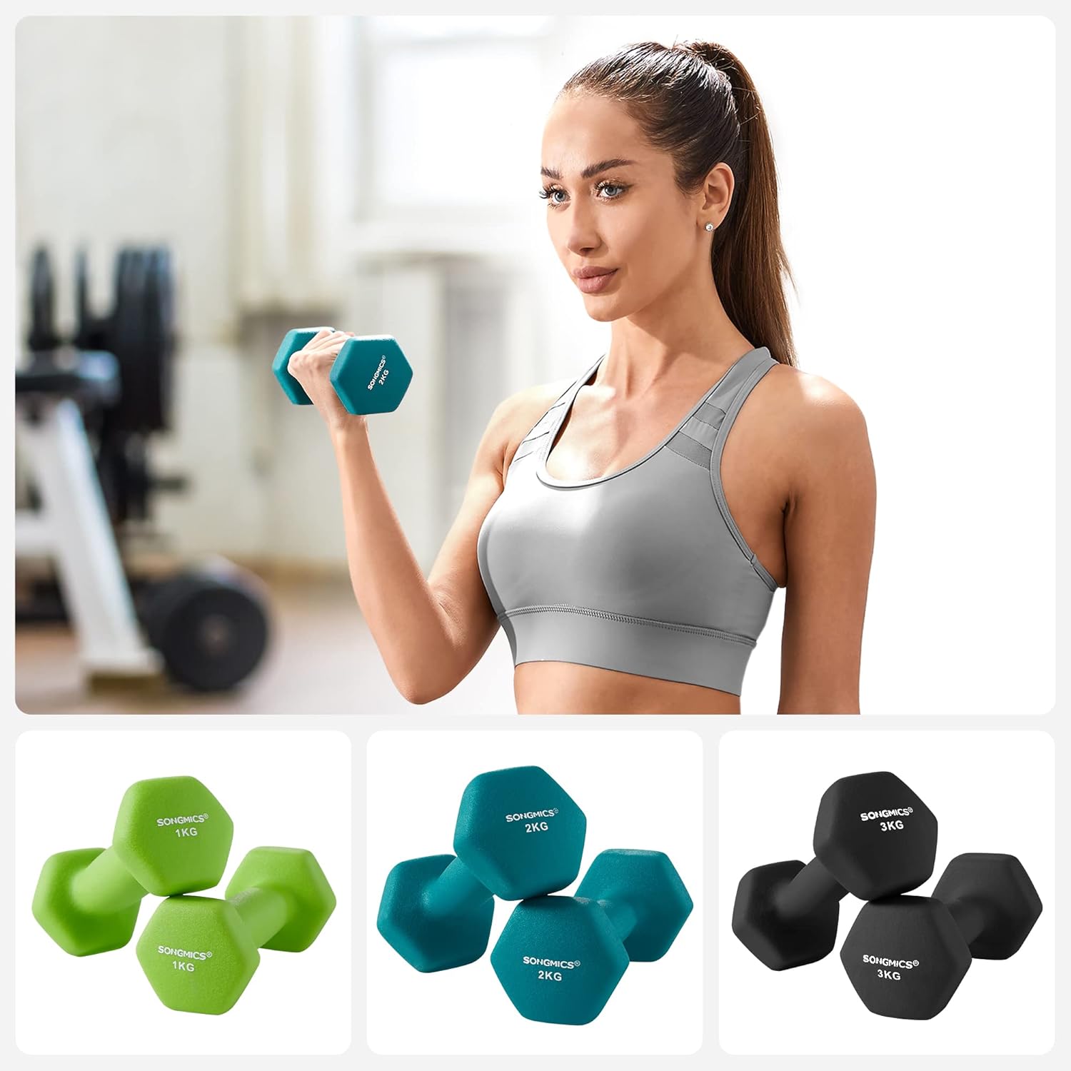 SONGMICS Set 6 gantere hexagonale cu suport, 2x1 kg 2x2 kg 2x3 kg, multicolor - imagine 5