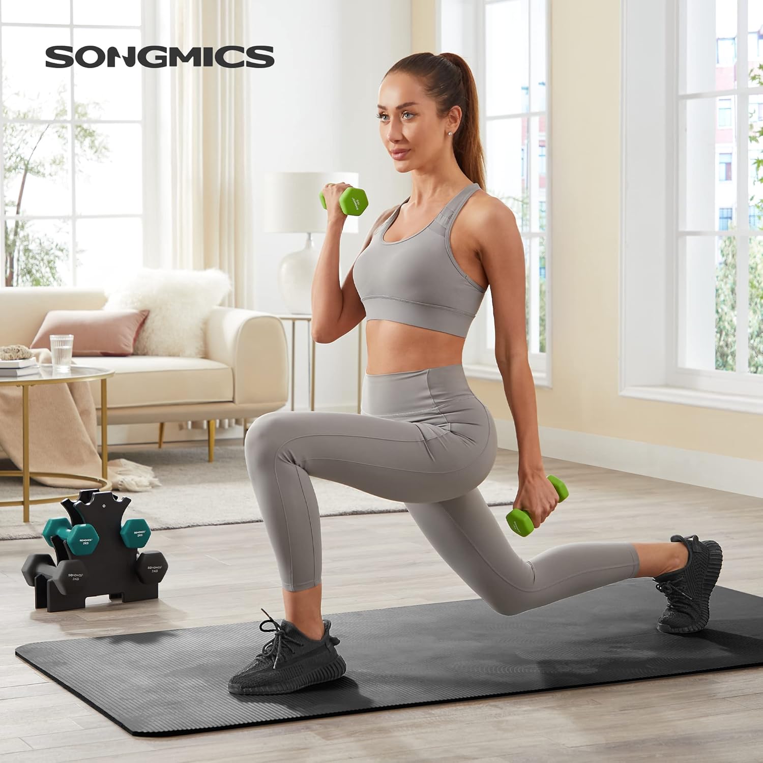 SONGMICS Set 6 gantere hexagonale cu suport, 2x1 kg 2x2 kg 2x3 kg, multicolor - imagine 6