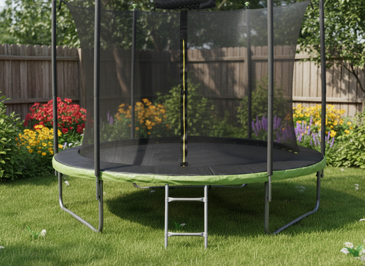Trambulina gradina 312 cm cu scara si plasa interioara, maxim 150 kg, verde - imagine 6