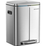 SONGMICS Cos de gunoi dublu colectare selectiva 2x20L, cu pedale si capac soft close, galeata interioara, otel, 45x58x32 cm, argintiu