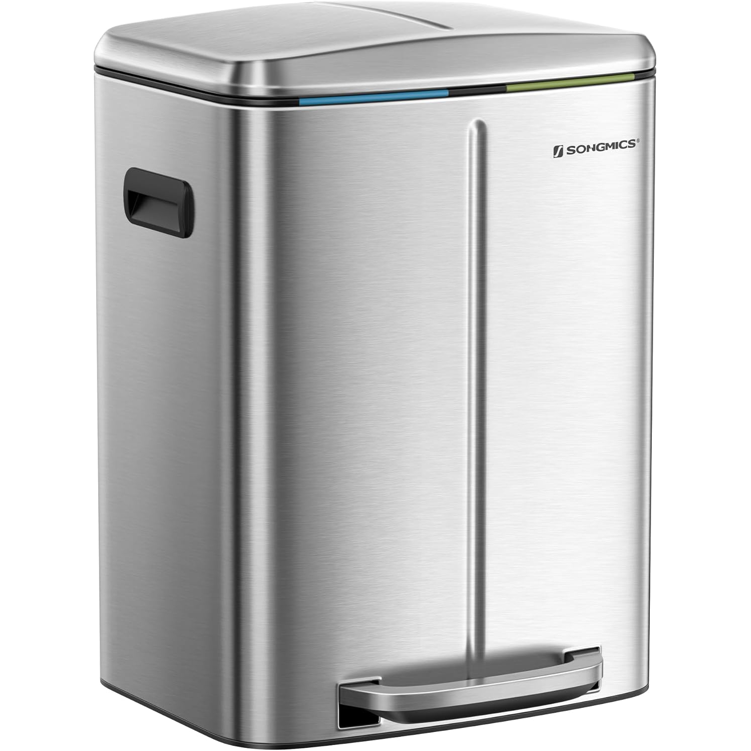 SONGMICS Cos de gunoi dublu colectare selectiva 2x20L, cu pedale si capac soft close, galeata interioara, otel, 45x58x32 cm, argintiu