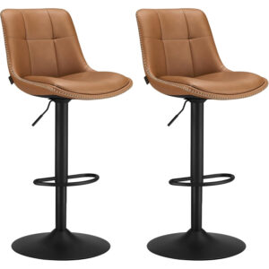 VASAGLE Set 2 scaune bar reglabile, rotative 360°, tapiterie PU, cadru metalic, 44x30x90-112 cm, maro caramel
