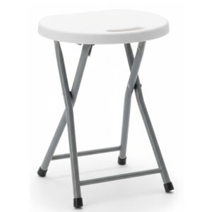 Taburet pliabil pentru camping sau gradina, cadru metalic si blat PVC, 32x44 cm, alb