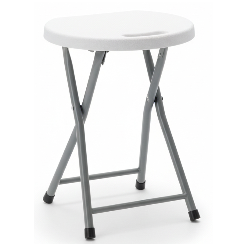 Taburet pliabil pentru camping sau gradina, cadru metalic si blat PVC, 32x44 cm, alb