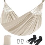 SONGMICS Hamac dublu 210x150 cm, bumbac, portabil cu chingi si carabiniere, bej