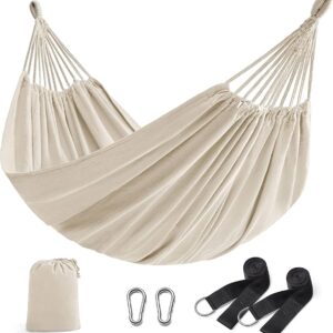 SONGMICS Hamac dublu 210x150 cm, bumbac, portabil cu chingi si carabiniere, bej