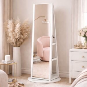 SONGMICS Oglinda de podea cu suport rotativ la 360°, cu spatiu de depozitare, material MDF, 55x55x162 cm, alb
