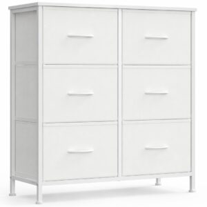 SONGMICS Comoda cu cadru metalic si blat MDF, 6 sertare textile, 77x30x74 cm, alb