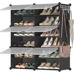 SONGMICS Dulap pantofi modular cu 6 compartimente, panouri plastic si cadru metalic, 83x32x94 cm, pana la 24 perechi, negru