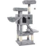 FEANDREA Ansamblu de joaca pentru pisici, tip copac, cu 3 culcusuri, hamac si ascunzatoare, 49x49x135cm, gri