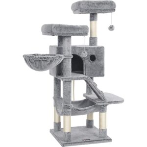 FEANDREA Ansamblu de joaca pentru pisici, tip copac, cu 3 culcusuri, hamac si ascunzatoare, 49x49x135cm, gri