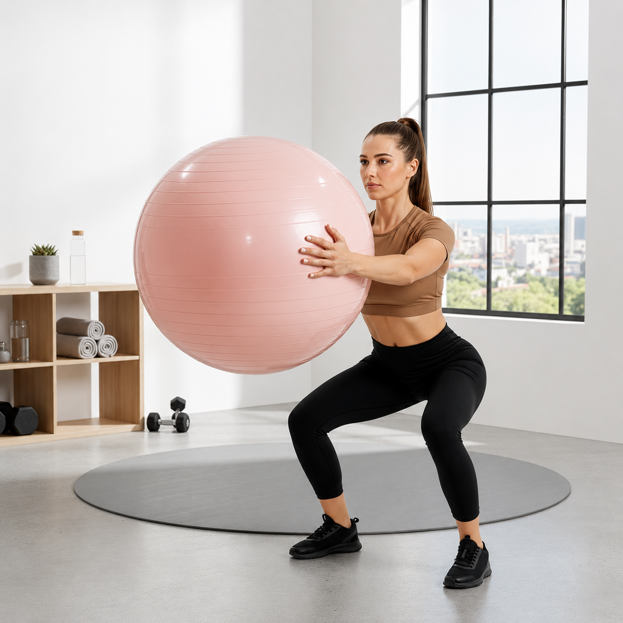 Minge pentru fitness 65 cm, antiderapanta, cu pompa inclusa, maxim 150 kg, roz pudrat - imagine 5