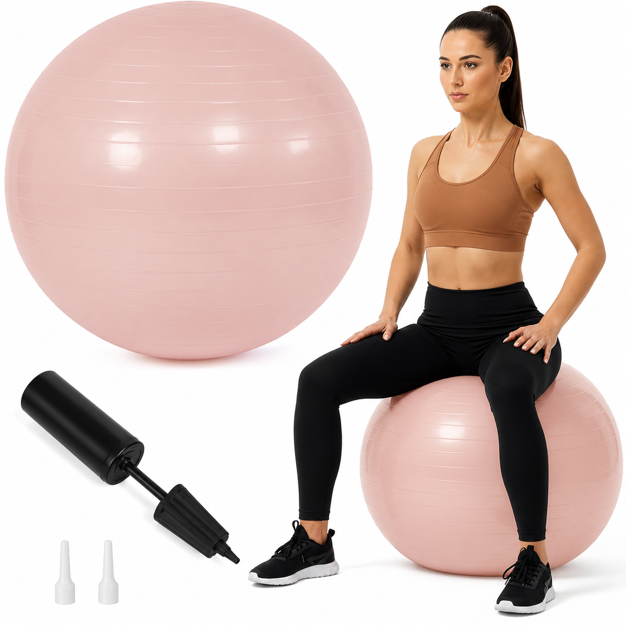 Minge pentru fitness 65 cm, antiderapanta, cu pompa inclusa, maxim 150 kg, roz pudrat - imagine 7
