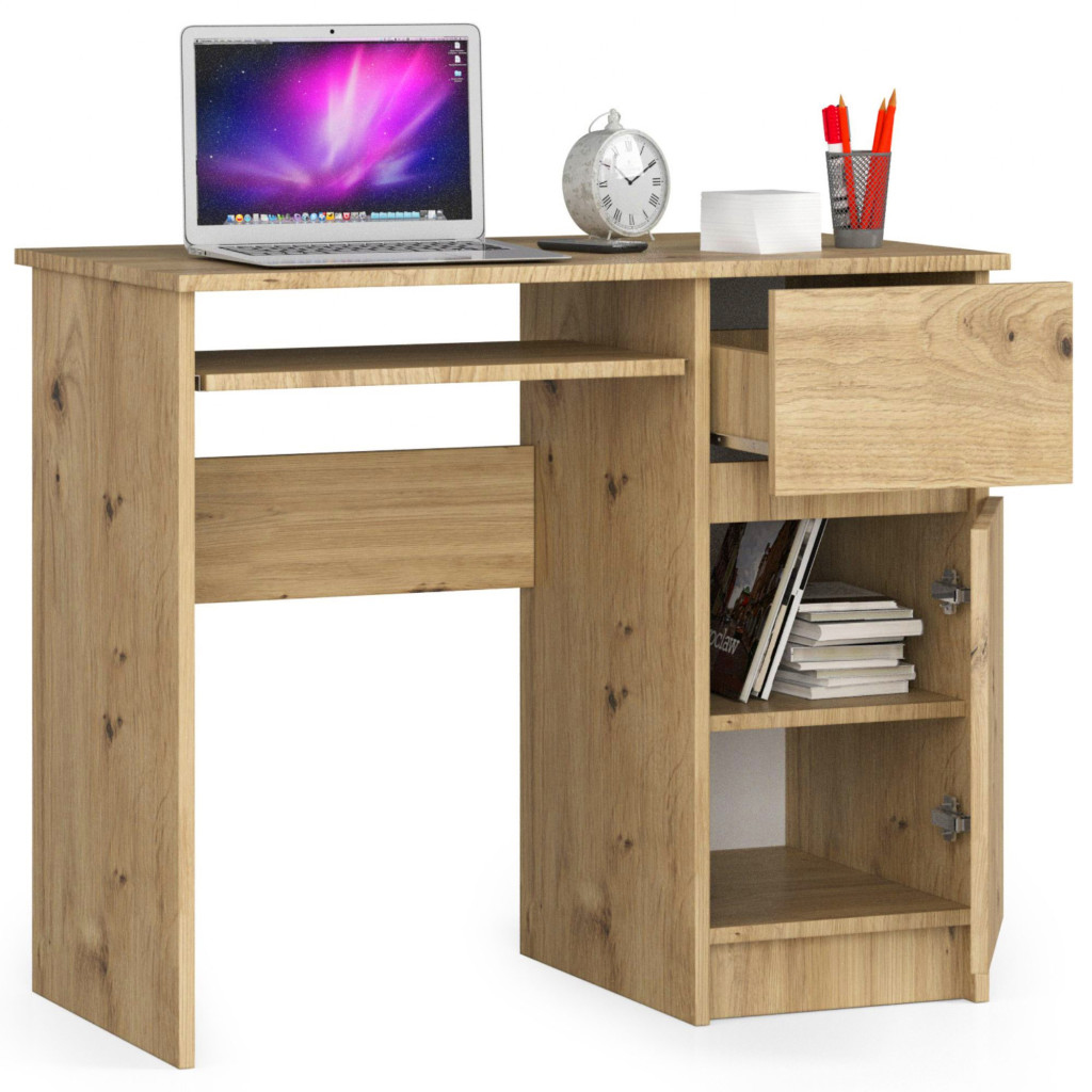 Birou computer PIKSEL, cu sertar, dulap si raft pentru tastatura, dreapta, 90x50x77 cm, stejar artisan - imagine 3