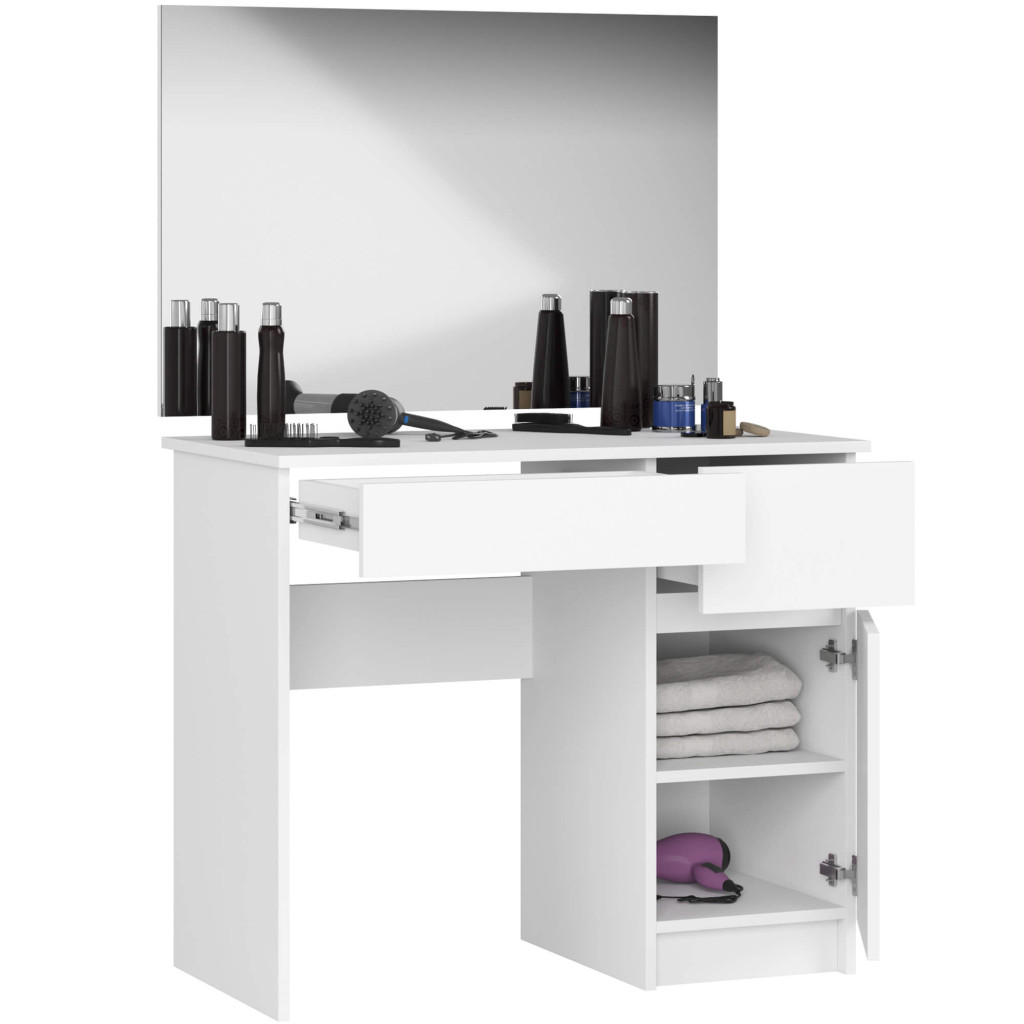 Masa de toaleta si machiaj cu oglinda mare, 2 sertare si dulap, PAL laminat 16 mm, 90x50x142 cm, alba - imagine 5
