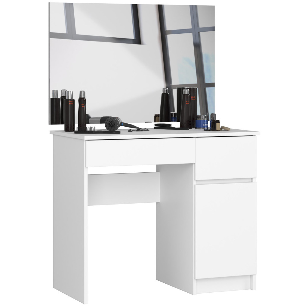 Masa de toaleta si machiaj cu oglinda mare, 2 sertare si dulap, PAL laminat 16 mm, 90x50x142 cm, alba - imagine 7