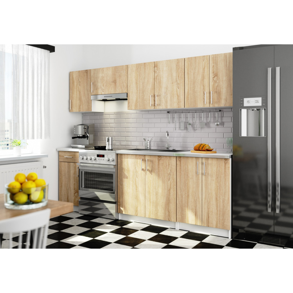 Set mobila bucatarie Lima 240 cm, cu blat alb, PAL laminat, 7 corpuri, 240x45x203 cm, stejar sonoma - imagine 5