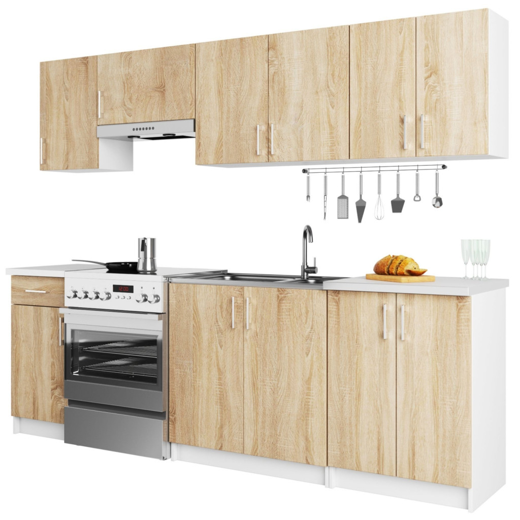 Set mobila bucatarie Lima 240 cm, cu blat alb, PAL laminat, 7 corpuri, 240x45x203 cm, stejar sonoma - imagine 6