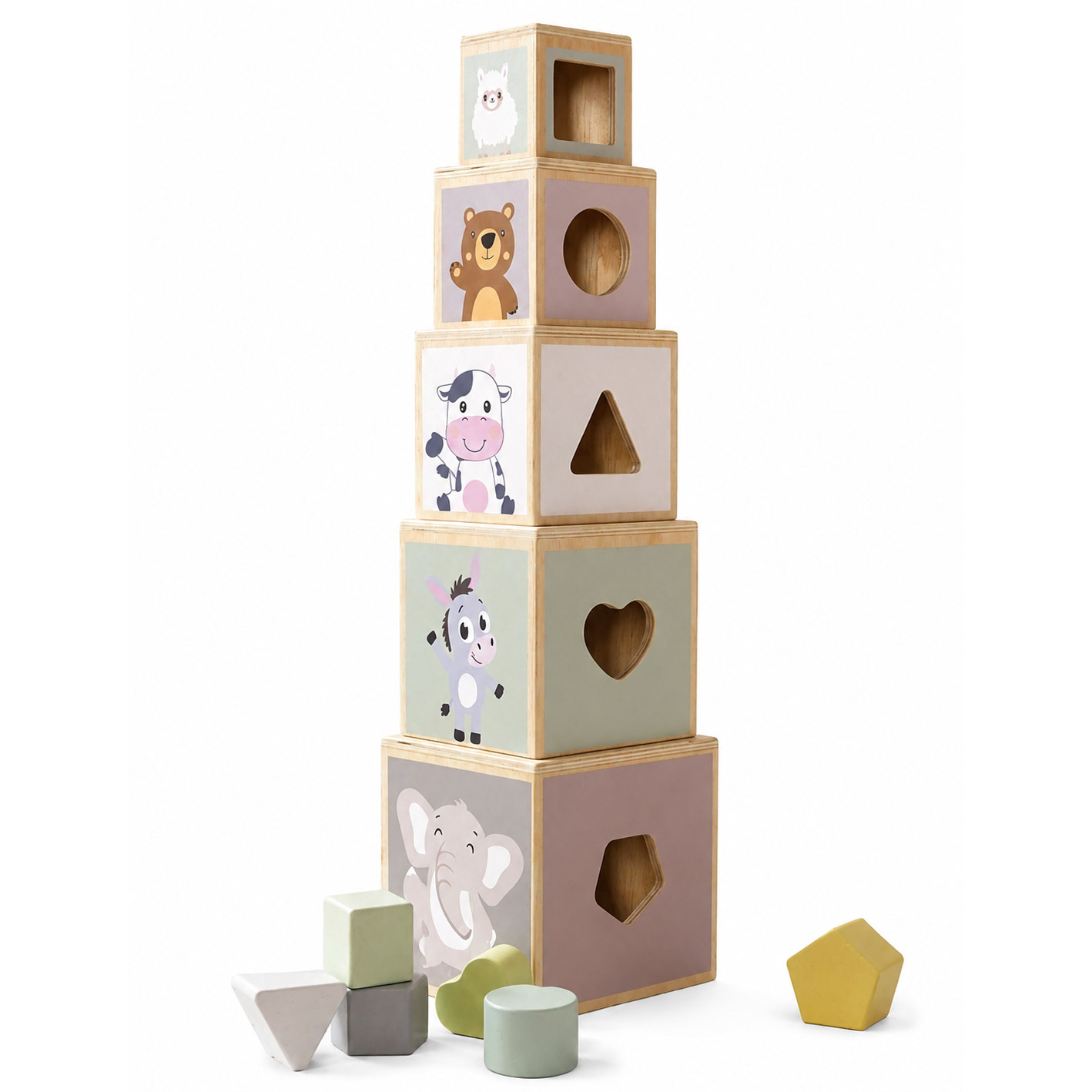 Cuburi educative din lemn 5 piese cu forme geometrice, 48 cm, multicolor