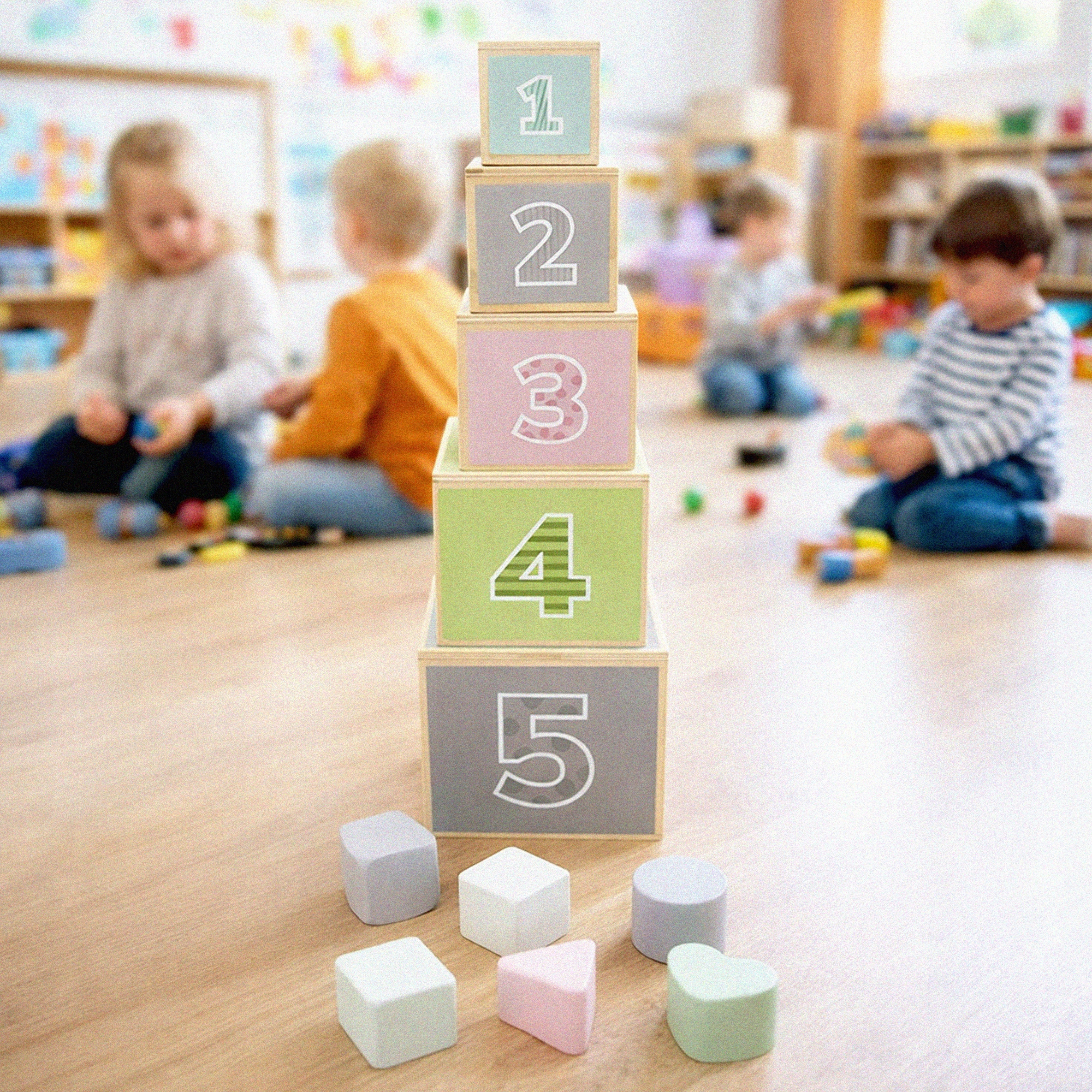 Cuburi educative din lemn 5 piese cu forme geometrice, 48 cm, multicolor - imagine 7